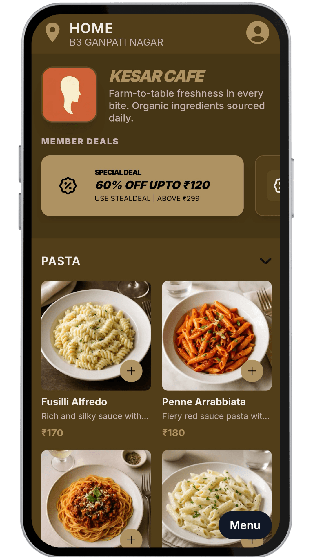 Dinehere digital QR menu interface on a smartphone